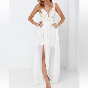 Lulu's White Lace Bodice High-Slit Maxi Dress
